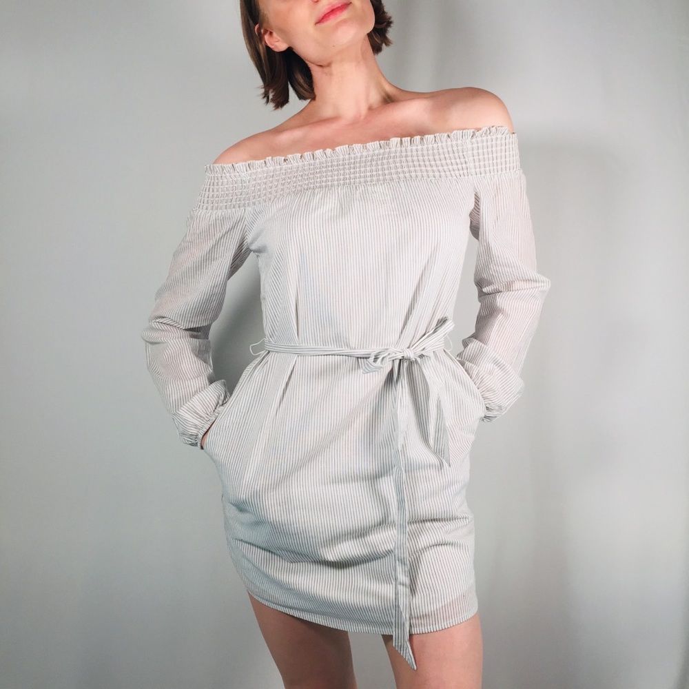 Express Pinstripe Off Shoulder Pocket Dress | S